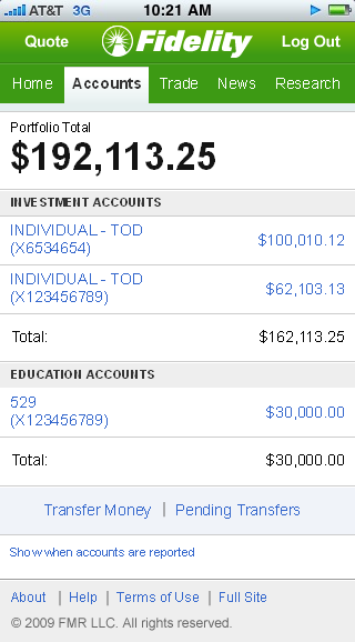 Fidelity.mobi account overview with investment and education accounts
