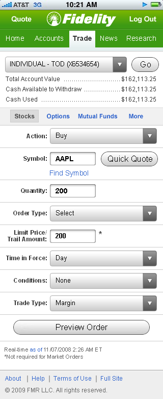 Fidelity.mobi stock trade entry form